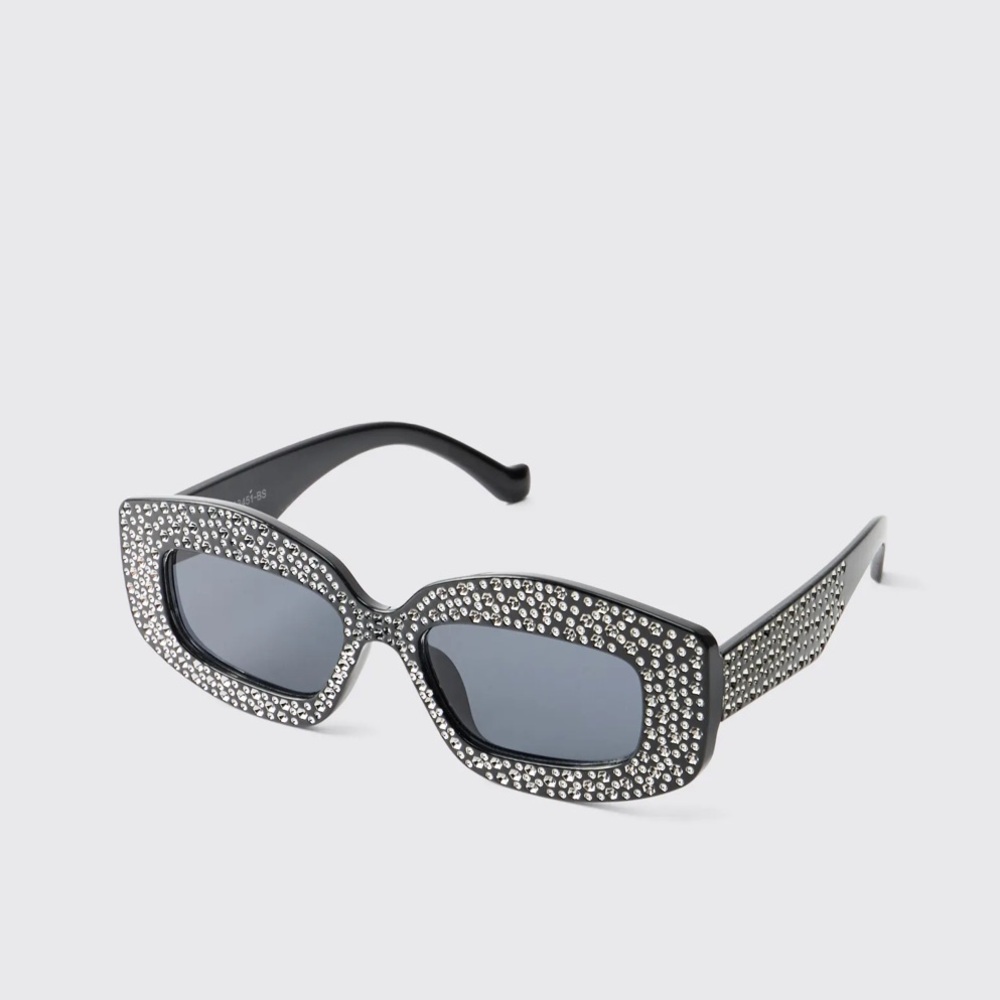 Black Gem Detail Rectangular Sunglasses - Picture 1 of 16